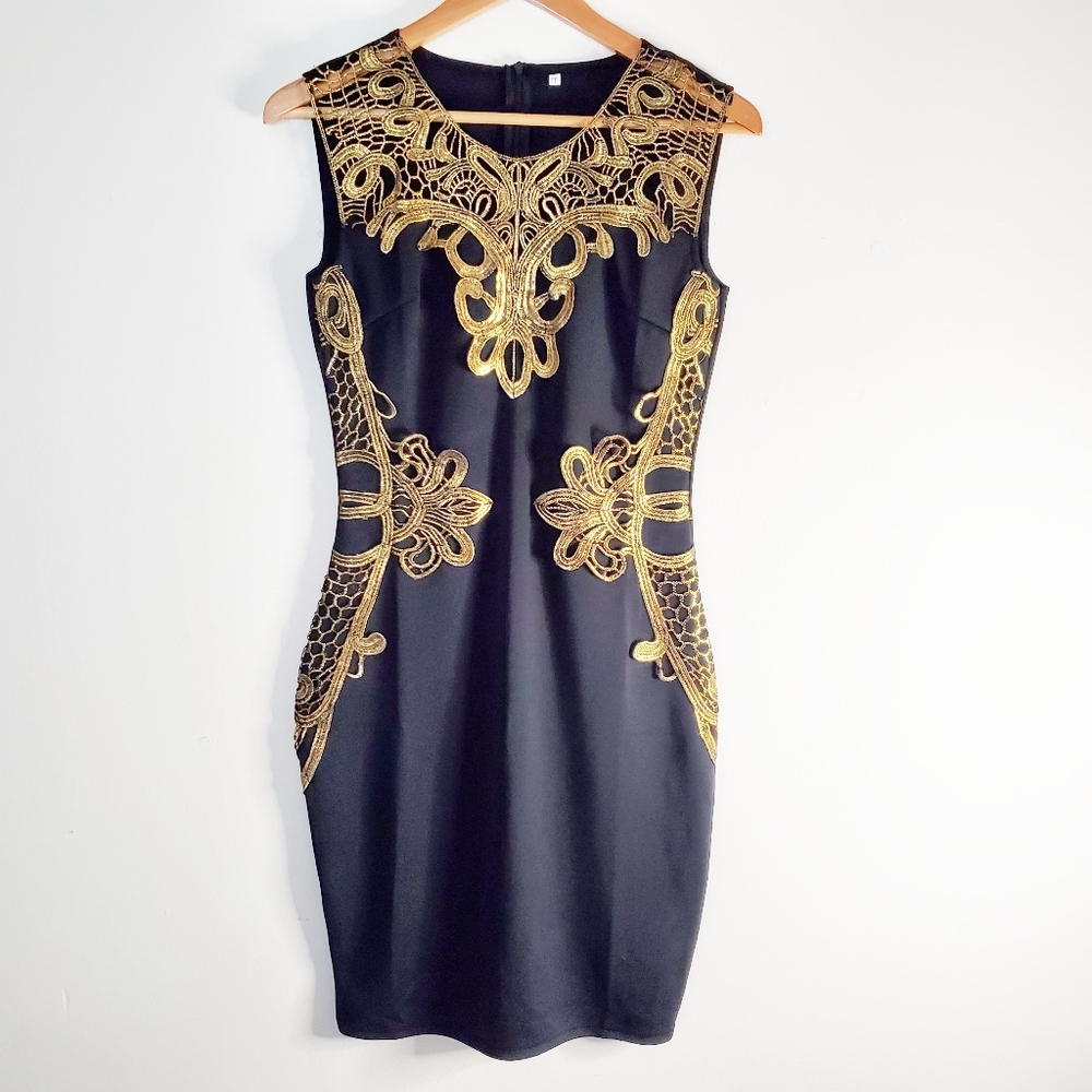 Gold and Black Applique Sheath Dress